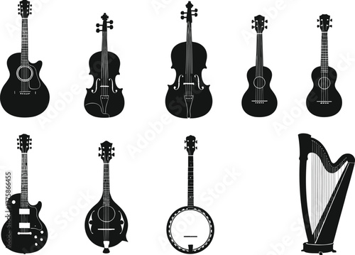 Vector illustration of various musical instruments including guitar, violin, cello, banjo, mandolin, and harp in black silhouette style