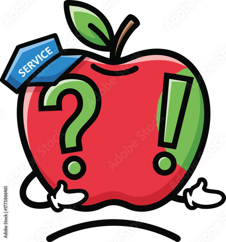 Red Apple Character With Question Mark And Exclamation Point In Service Hat