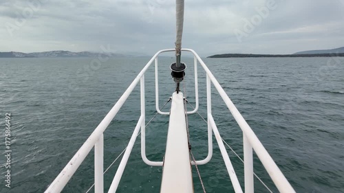 Bow Of Sailing Boat Navigating In The Sea.