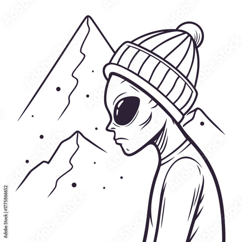 Alien in a winter hat looks at the mountains