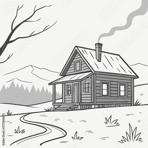 Cabin in the woods with smoke coming from the chimney in winter time