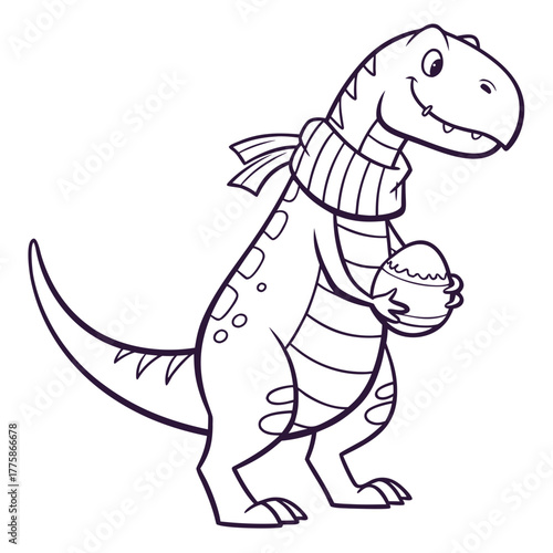 Cartoon tyrannosaurus rex with scarf and easter egg
