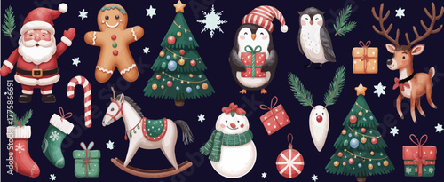 Vector collection of adorable Christmas holiday elements, cheerful decorative clipart set for winter celebrations, hand-drawn cute icons such as reindeer, gifts, snow, ornaments and stars, great for c