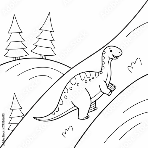 Cute brachiosaurus dinosaur in a forest coloring page