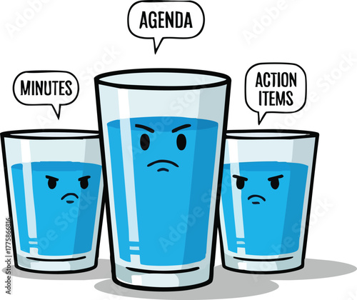 Three Cartoon Glasses Of Water Expressing Emotions Regarding Business Meeting Agenda Minutes And Action Items Against White Background