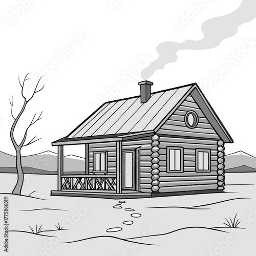 Log cabin in the winter with smoke coming from the chimney in grayscale