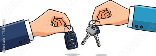 Two Hands Exchange Car Keys In A Transaction With One Hand Holding A Remote Key Fob And Other Holding A Keyring With Keys And A Fob Against White Background With Subtle Shadow