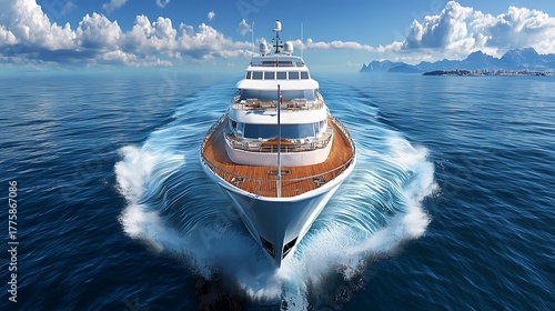 Luxury yacht sailing through crystal clear waters mediterranean sea high-quality image daylight aerial view nautical adventure