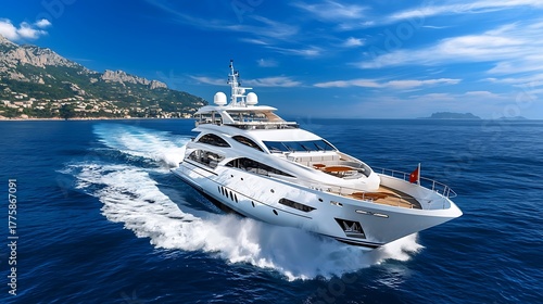 Luxury yacht sailing across crystal clear waters mediterranean sea high-quality image scenic viewpoint travel concept