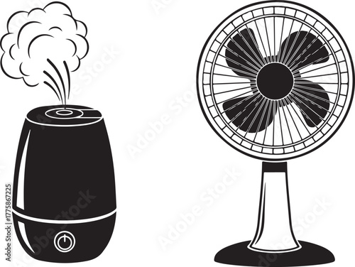 Monochrome Vector Illustration of Home Humidifier with Mist and Electric Fan