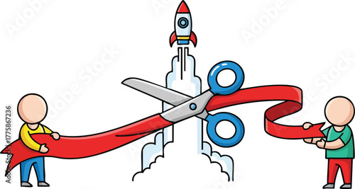 Two people cut red ribbon with scissors in front of a cartoon rocket launching with white smoke on white background
