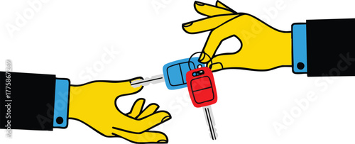Two yellow hands in black suits exchanging car keys one blue one red on a white background