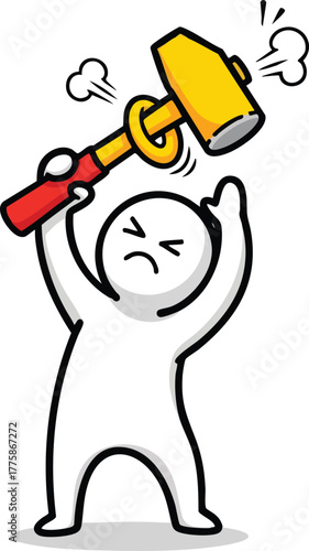 White Stick Figure With Angry Face Swinging Golden Hammer Above Head On White Background