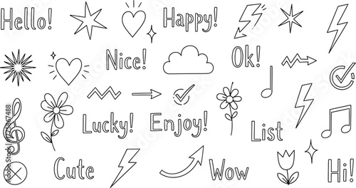 Doodle Sketch Set with Arrows, Hearts, Stars, Cloud, Flower, Music Notes and Handwritten Texts
