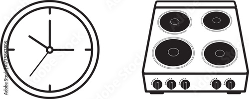 Simple Black and White Icons of Clock and Electric Stovetop
