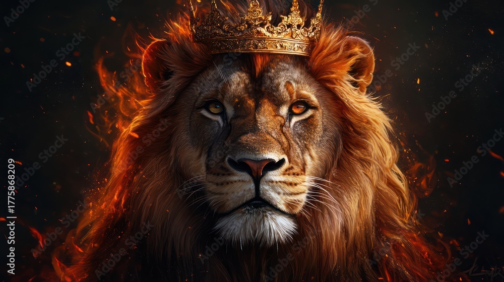 Fototapeta premium Fiery Lion King, crowned, majestic, royalty, in flames