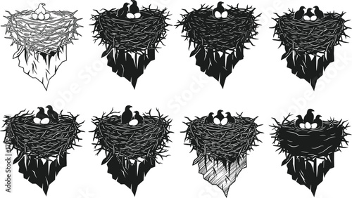 Vector silhouette set of bird nest life cycle showing egg hatching, chick growth, parenting behavior, nature development, and wildlife care