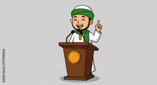 A cheerful cartoon man in traditional Islamic attire stands at a podium, animatedly delivering a speech with a raised finger, conveying a message of faith and community.