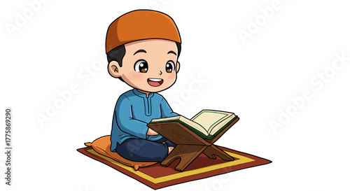 A cheerful cartoon illustration depicts a young Muslim boy engrossed in reading the Quran on a prayer mat, embodying Islamic faith in a vibrant vector style, perfect for educational content.