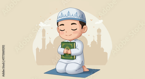 A cute Muslim boy is peacefully praying on a mat while holding the holy Quran, with mosque silhouettes in the background, depicted as a charming vector illustration.