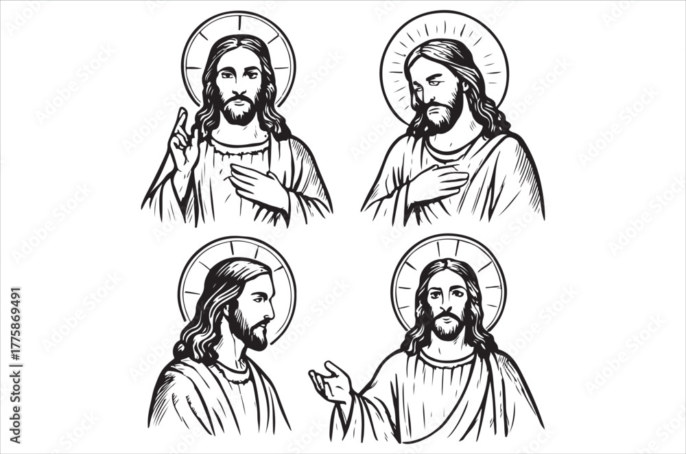 Obraz premium Four depictions of jesus christ with halos in black and white style