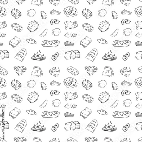 Hand Drawn Bread seamless pattern. Doodle Bakery pattern background