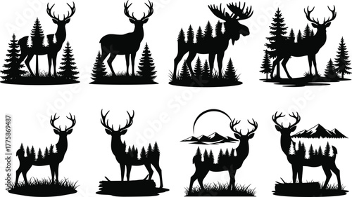 Wild deer and moose double exposure silhouette vector illustration with forest trees, mountains, and nature landscape design for wildlife themes