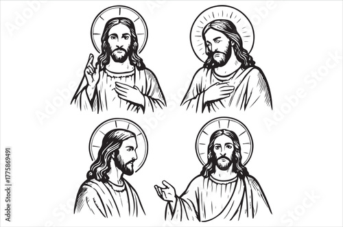 Four depictions of jesus christ with halos in black and white style