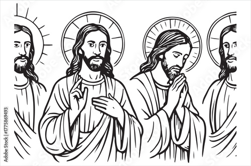 Four depictions of jesus christ with halos in a black and white illustration