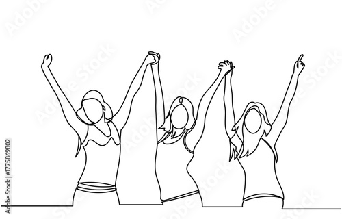 Continuous line drawing of a group of women standing together with raised arms, holding hands in celebration. One line drawing wins grlis unity, friendship, and joy. Concepts of teamwork, success. 