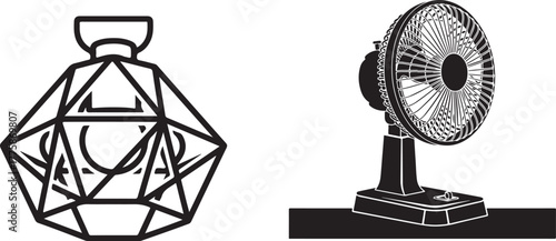 Geometric Wireframe Object and Retro Desk Fan Monochrome Vector Art