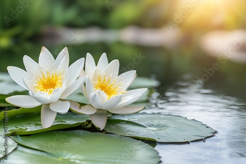 Wallpaper Mural Elegant White Water Lilies Blooming in a Serene Pond with Gentle Sunlight Glowing Torontodigital.ca