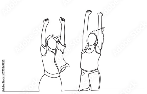 Continuous line drawing of two girls jumping with raised arms, expressing happiness, freedom, and celebration.one line art friendship, joy, and youthful energy.vector illustration.