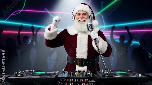 Cool Santa Claus DJ mixing music on turntables, wearing headphones and singing into a retro microphone at a lively Christmas party with neon lights