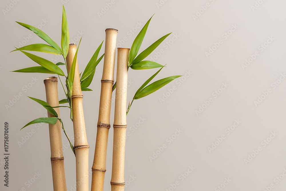 Fototapeta premium Elegant Bamboo Stalks with Fresh Green Leaves Against a Neutral Background for Decor