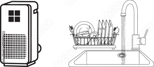 Stylized Line Drawing of Kitchen Sink Area and Air Purifier Unit