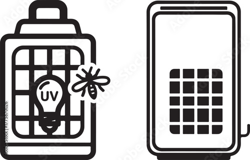 Black White Vector Icons of Insect Traps with UV Light