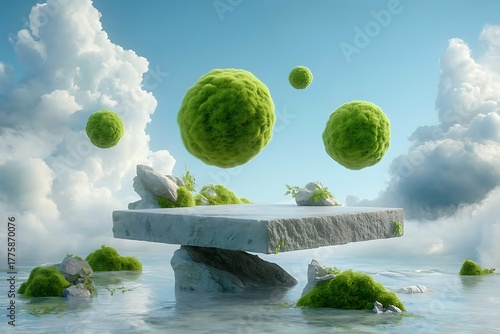 Surreal Floating Green Spheres Above a Stone Platform in a Dreamlike Sky Environment
