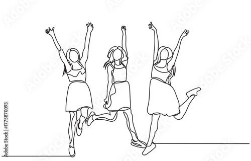 Continuous line drawing of three girls jumping with raised arms, expressing happiness, freedom, and celebration.one line art friendship, joy, and youthful energy.vector illustration.