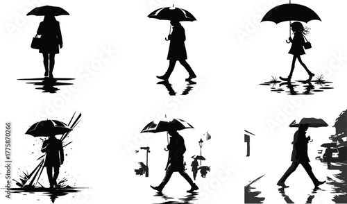 Woman walking with umbrella in rain silhouette vector illustration representing rainy weather, reflection, loneliness, elegance, and modern city life.