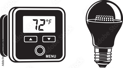 Modern Black and White Vector Illustration of Smart Thermostat and LED Bulb