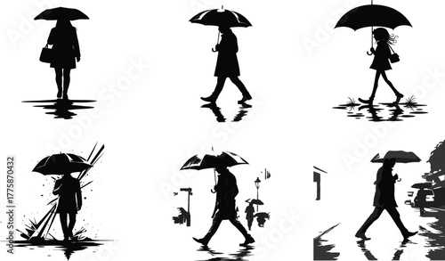 Woman walking with umbrella in rain silhouette vector illustration showing rainy day reflection, fashion style, solitude, and urban weather art.