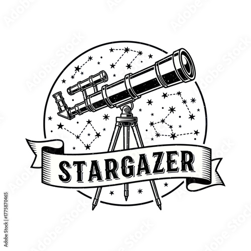 Vintage Telescope Stargazer Emblem with Constellations and Ribbon.