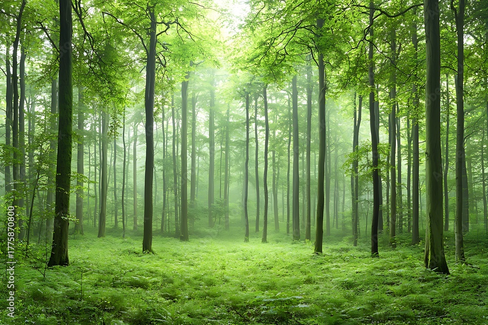 Fototapeta premium Lush Green Forest with Sunlight Filtering Through Tall Trees and Misty Atmosphere