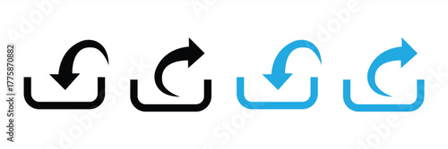 Upload and download icon set with arrow symbols in black and blue outline style. Perfect for data transfer, cloud storage, file sharing, transfer, storage, vector illustration.