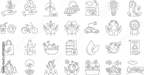 Ecology Icons Set Line Art, Earth, Recycle, Solar Panels, and Plant Elements