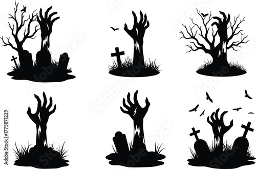 Zombie hands rising from graveyard with tombstones, bats, trees, and spooky atmosphere in black silhouette for Halloween horror vector design