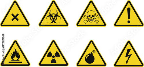 Eight Yellow Warning Signs with Black Symbols on a White Background. Triangle Icon Set