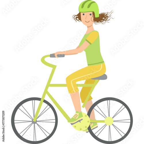 Smiling young woman wearing a green helmet and lime green outfit cycling on a bicycle with a transparent background and no discernible background elements suggesting a specific location or time