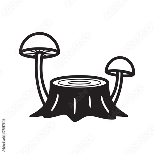 Stump and mushrooms illustration in black and white graphic style